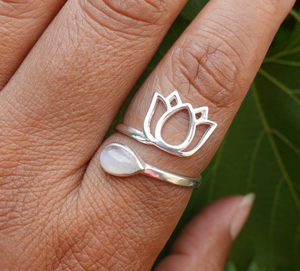 Moonstone Ring, Lotus Flower Ring, Sterling Silver Ring, Adjustable, Snake Ring, Wrap Ring, Thumb Ring, June Birthstone, Mistry Gems, R53M