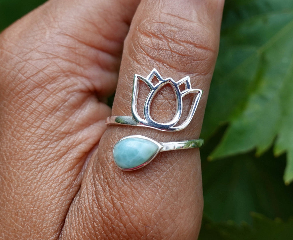 Larimar Rings, Lotus Flower Ring, Sterling Silver Ring, Adjustable, Snake Ring, Wrap Ring, Thumb Ring, Caribbean Stone, Mistry Gems, R53LAR