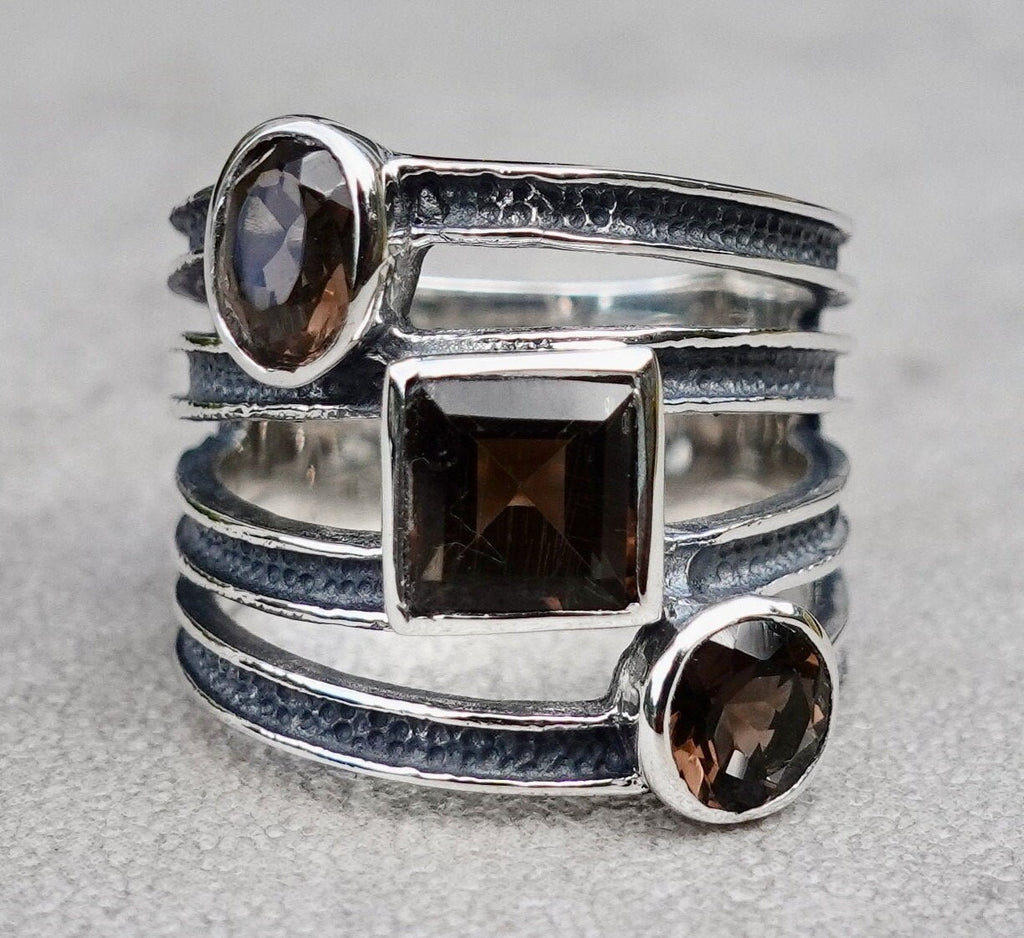 Designer Smoky Quartz 3 Stone Textured Oxidised 925 Silver Ring, R45SQ