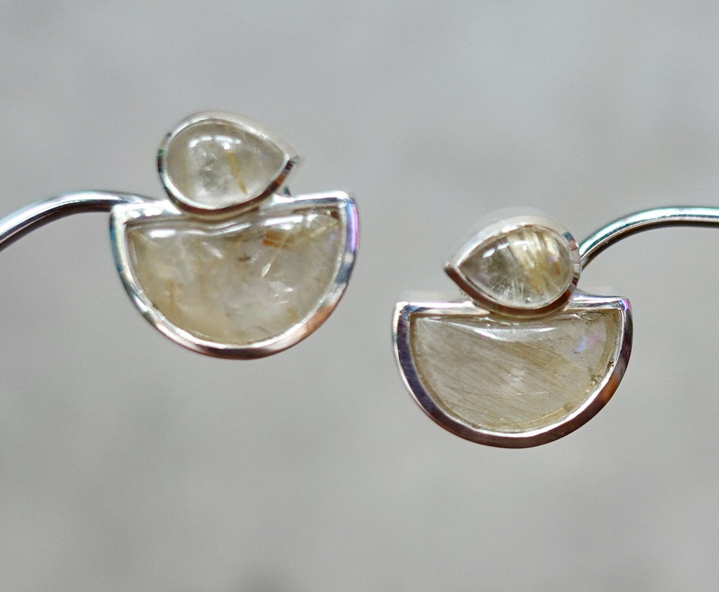 Golden Rutiile Quartz Two Stone Silver Stud Earrings, E6RUT