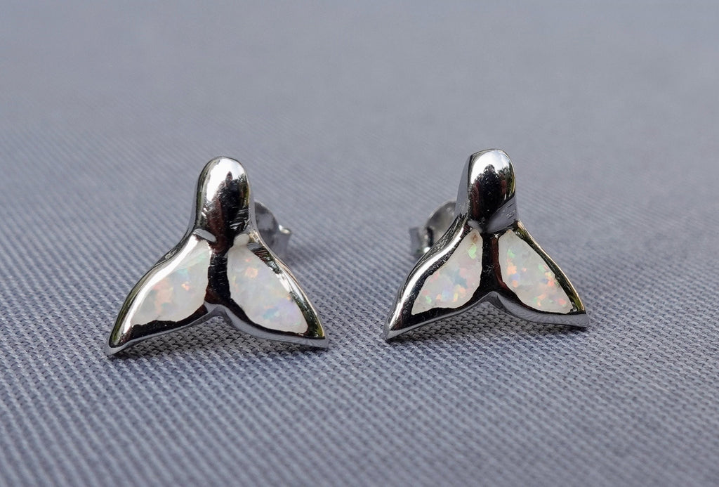 White Opal Studs, Dolphin Tail Silver Opalique Earrings