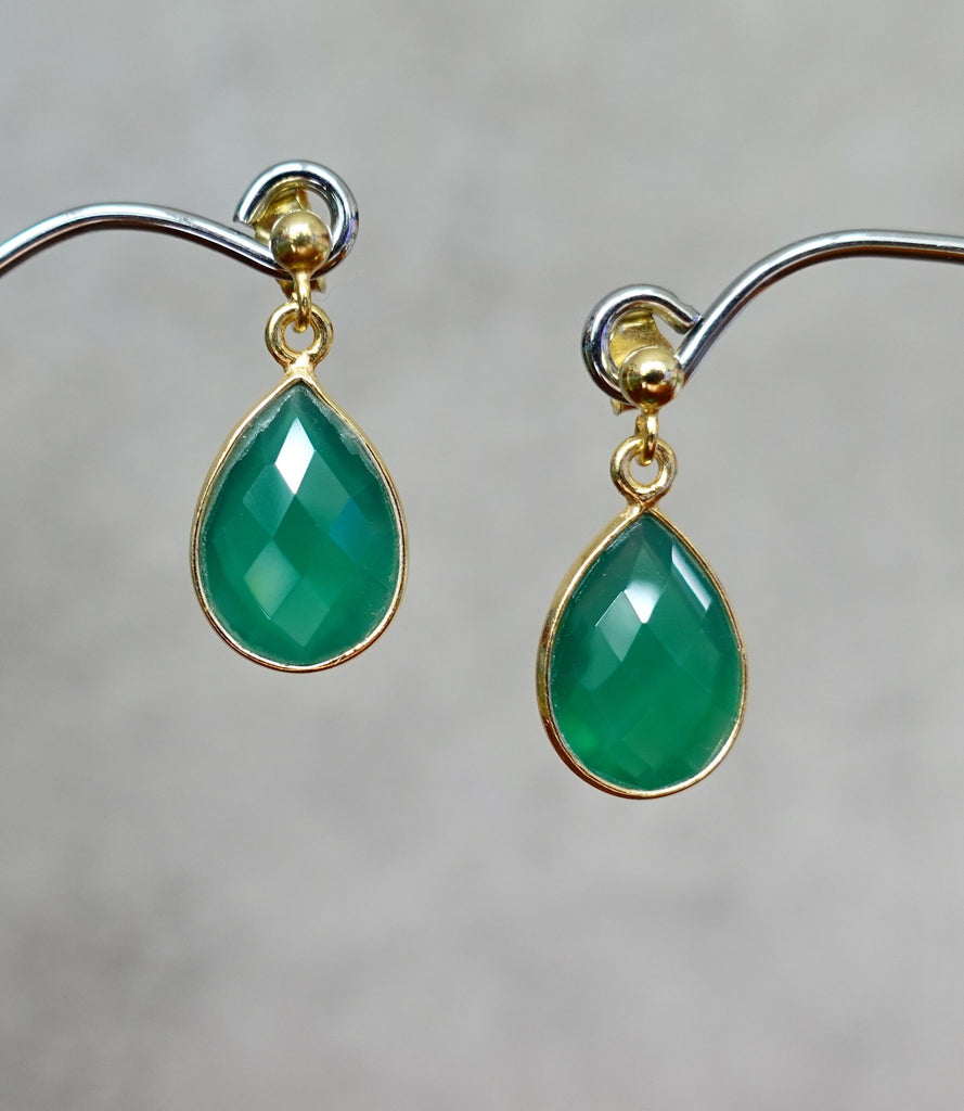 Green Onyx Checker Cut Teardrop Gold Vermeil Stud Earrings, Stone 15mm x 10mm, E14GO