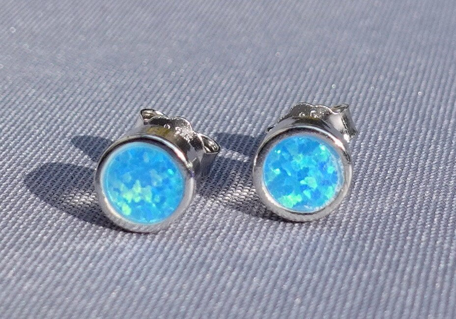 Blue Opal 925 Sterling Silver Opalique Round Studs Earrings, E2299