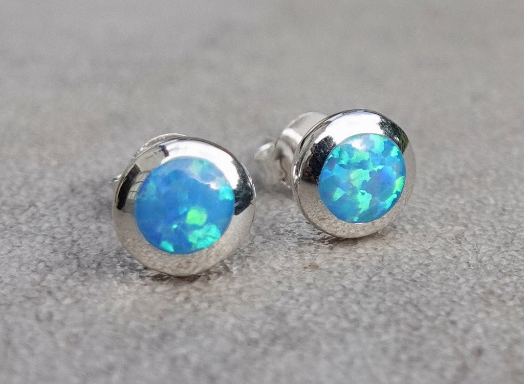Blue Opal Opalique Round Silver Studs, OPS1
