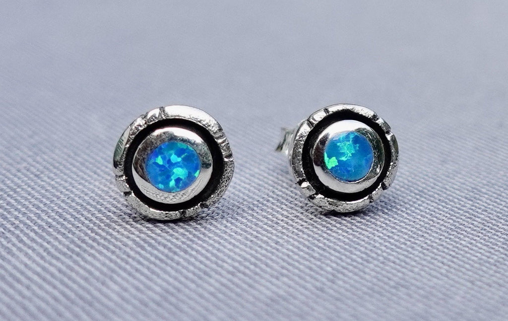 Blue Opal Opalique Round Silver Studs, OPS3BOP