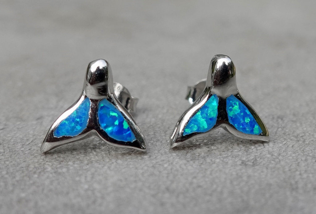 Blue Opal Dolphin Tail Silver Opalique Studs, OPS9BOP