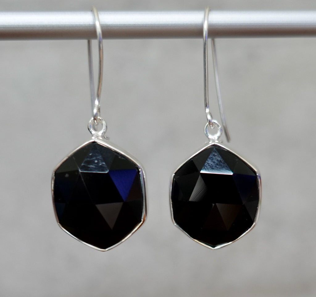 Black Onyx Facetted Hexagonal Statement Sterling Silver Earrings, E8O
