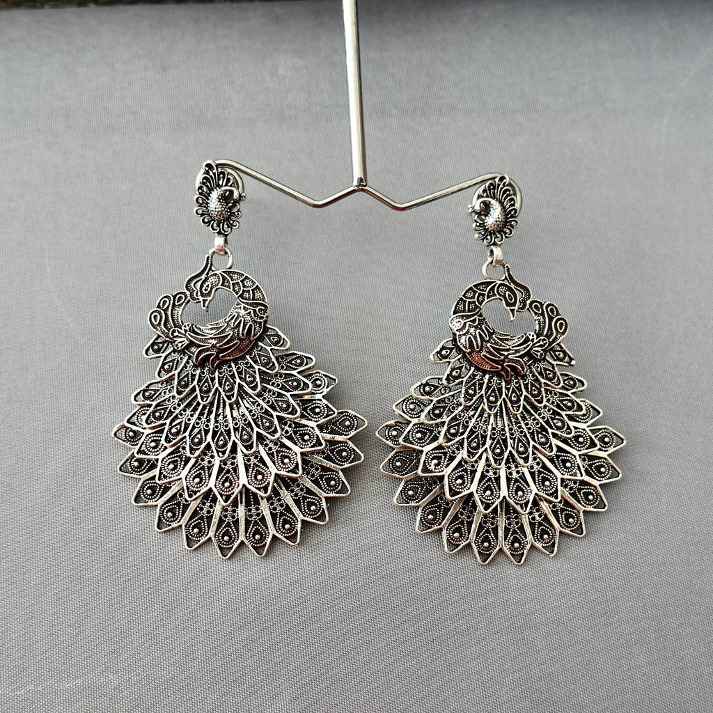 Large Tribal Peacock Oxidised Sterling Silver Earrings, E51