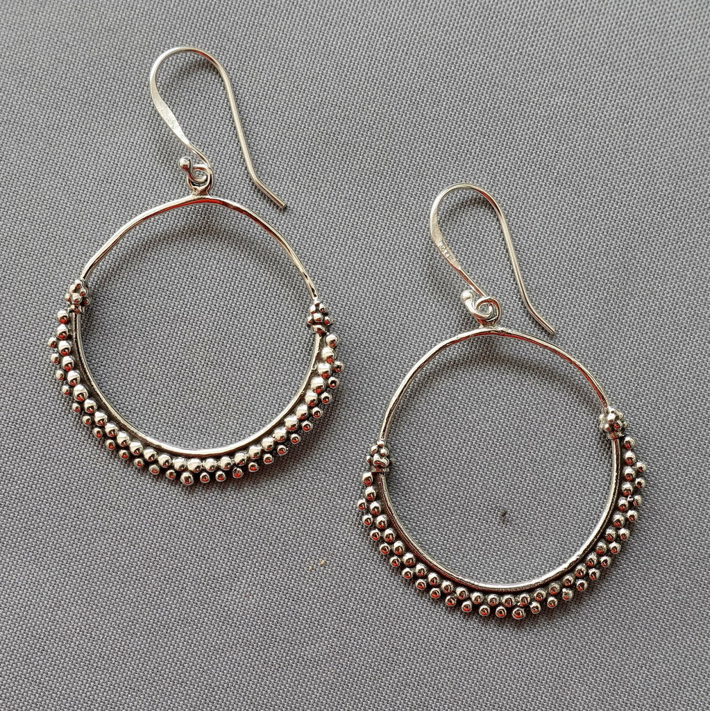Bali Hoop Round Oxidised Sterling Silver Earrings, E72