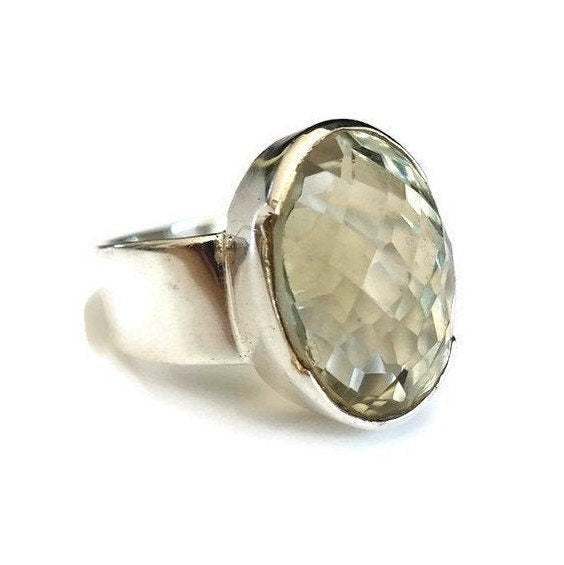 Large Oval Checker Cut Green Amethyst Prasiolite 925 Sterling Silver Ring, R125