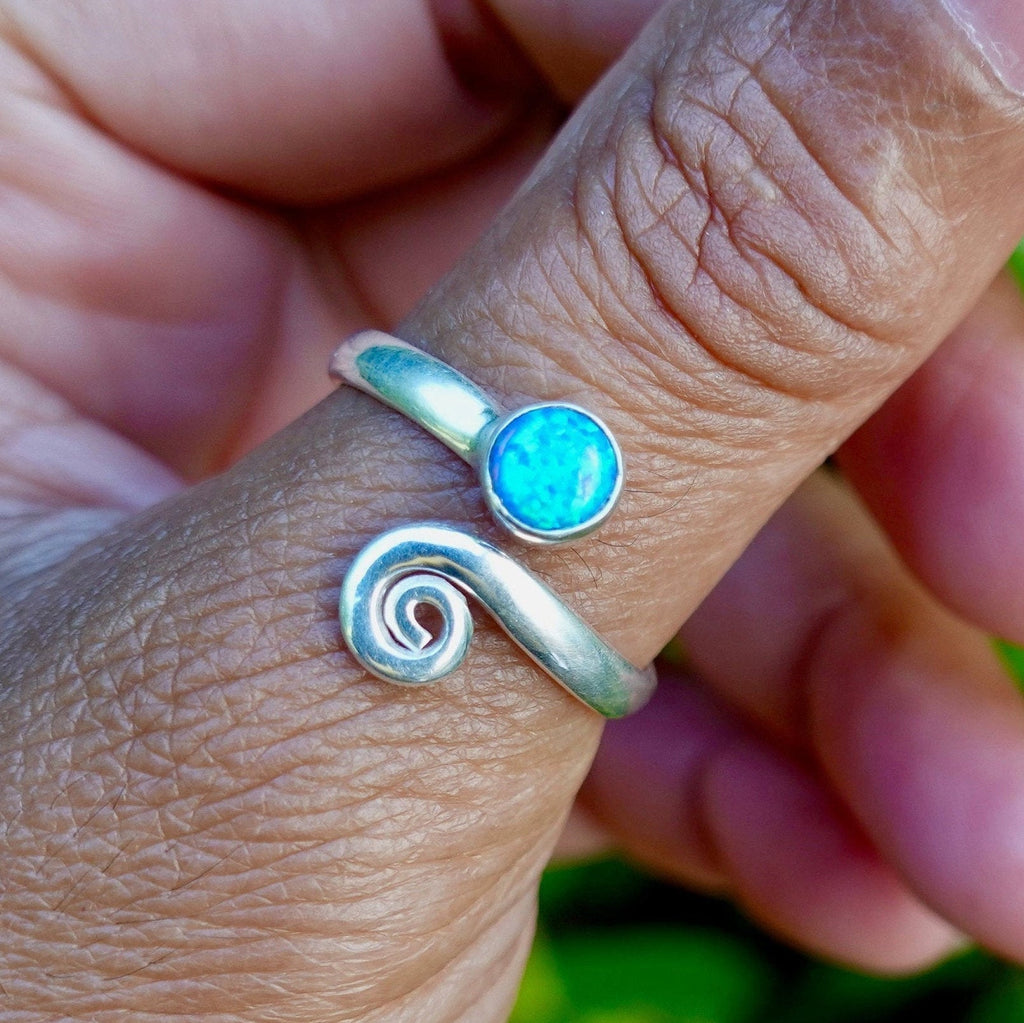 Blue Opal Adjustable Wrap Spiral 925 Silver Ring, R61BOP