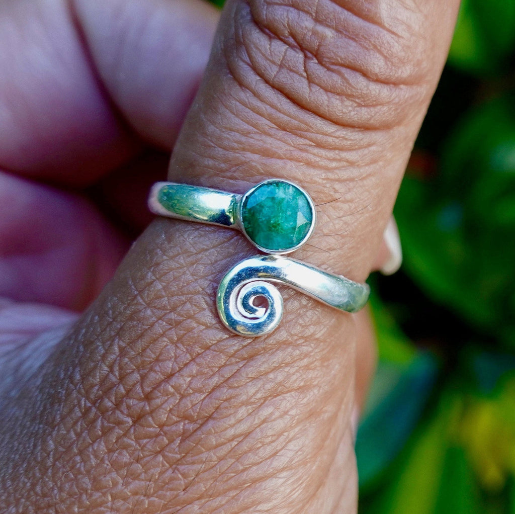 Emerald Adjustable Wrap Spiral 925 Silver Ring, R61EM