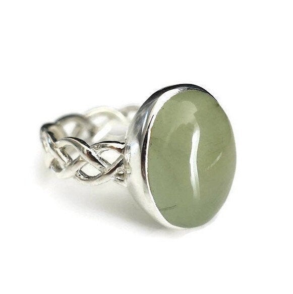 Prehnite Celtic Weave 925 Sterling Silver Ring, Apple Green Gemstone Jewellery, Oval Cocktail Ring, Engagement Ring, Mistry Gems, R1PRE