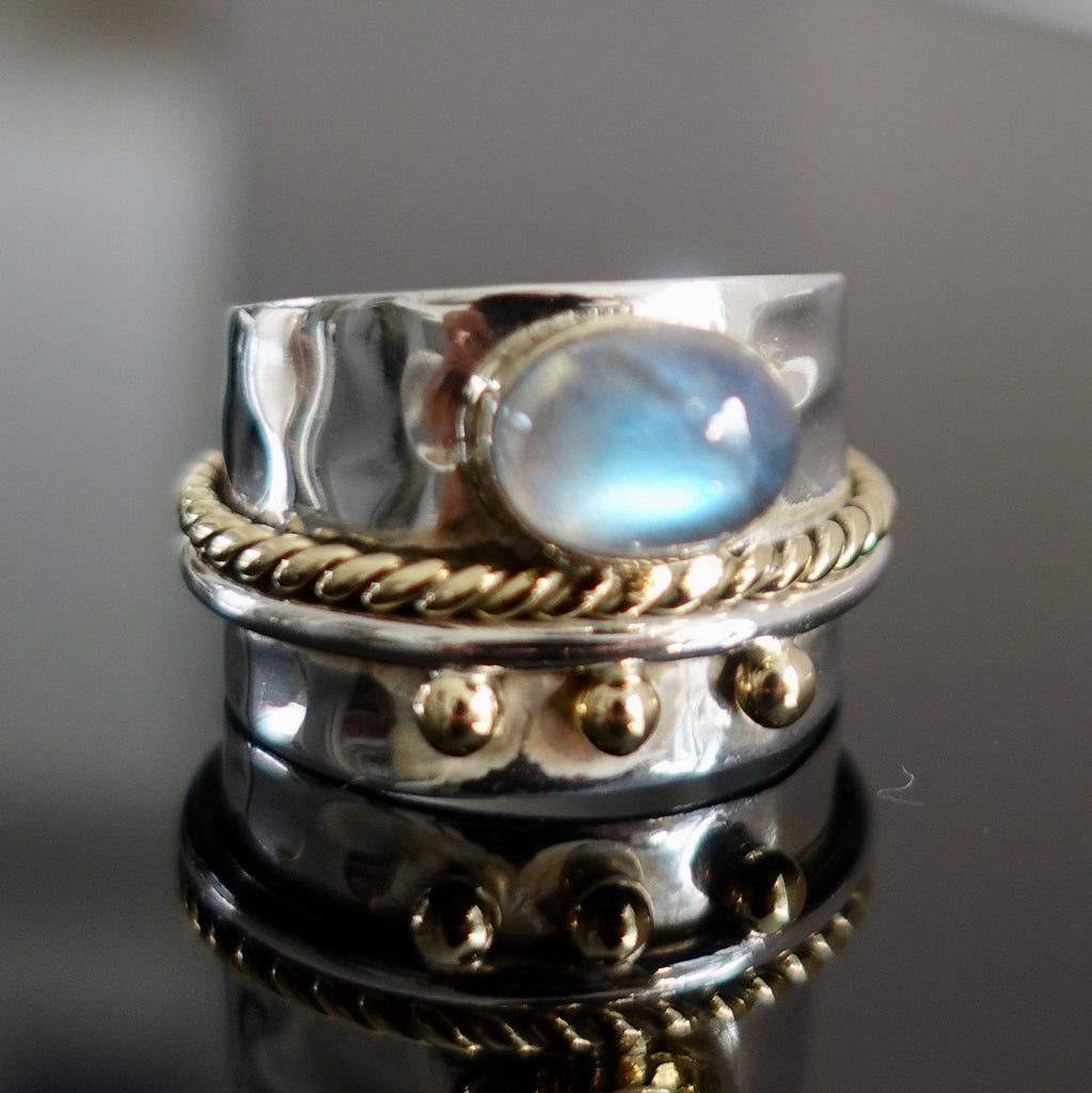 Rainbow Moonstone Wide 925 Silver Ring with Brass Detailing, R16M
