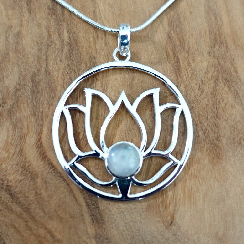 Large Moonstone Lotus Flower Silver Pendant, P23M