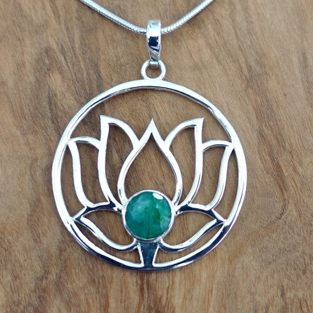 Large Emerald Lotus Flower Silver Pendant, P23EM