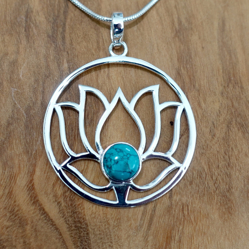 Large Turquoise Lotus Flower Silver Pendant, P23T