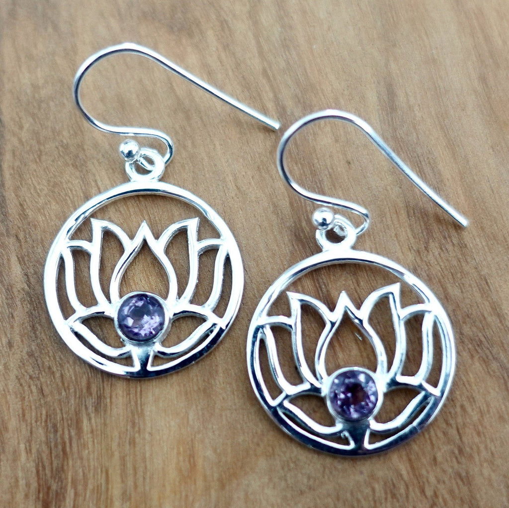 Amethyst Lotus Flower Round 925 Sterling Silver Earrings, E92A