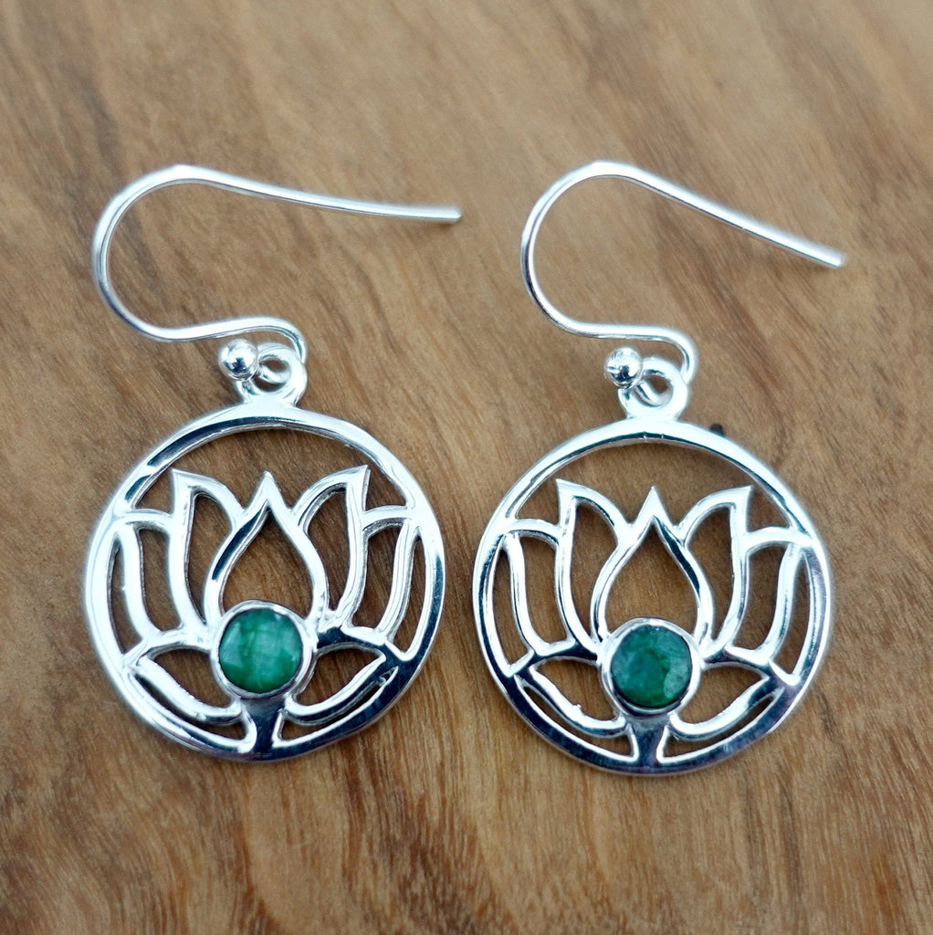 Facetted Emerald Lotus Flower Silver Earrings, E92EM