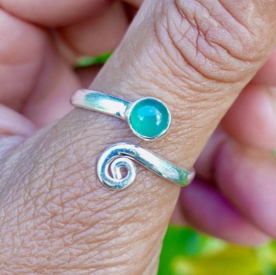 Green Onyx Adjustable Wrap Spiral 925 Silver Ring, R61GO