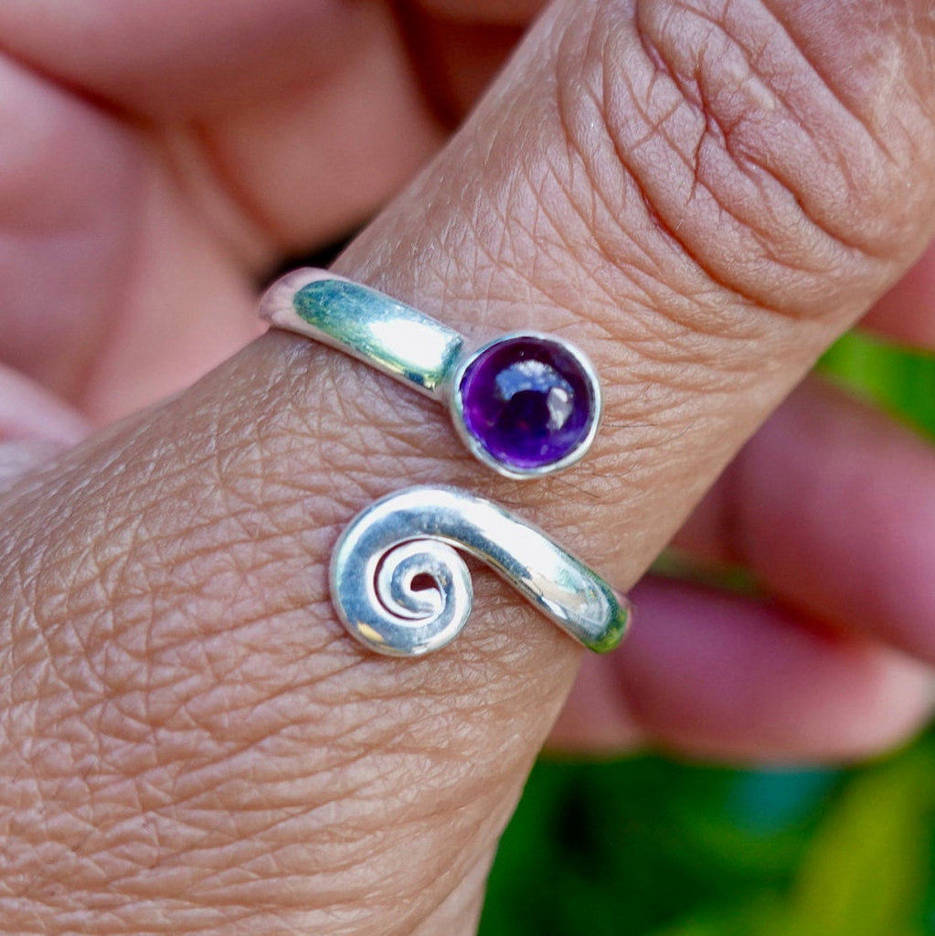 Amethyst Adjustable Wrap Spiral 925 Silver Ring, R61A