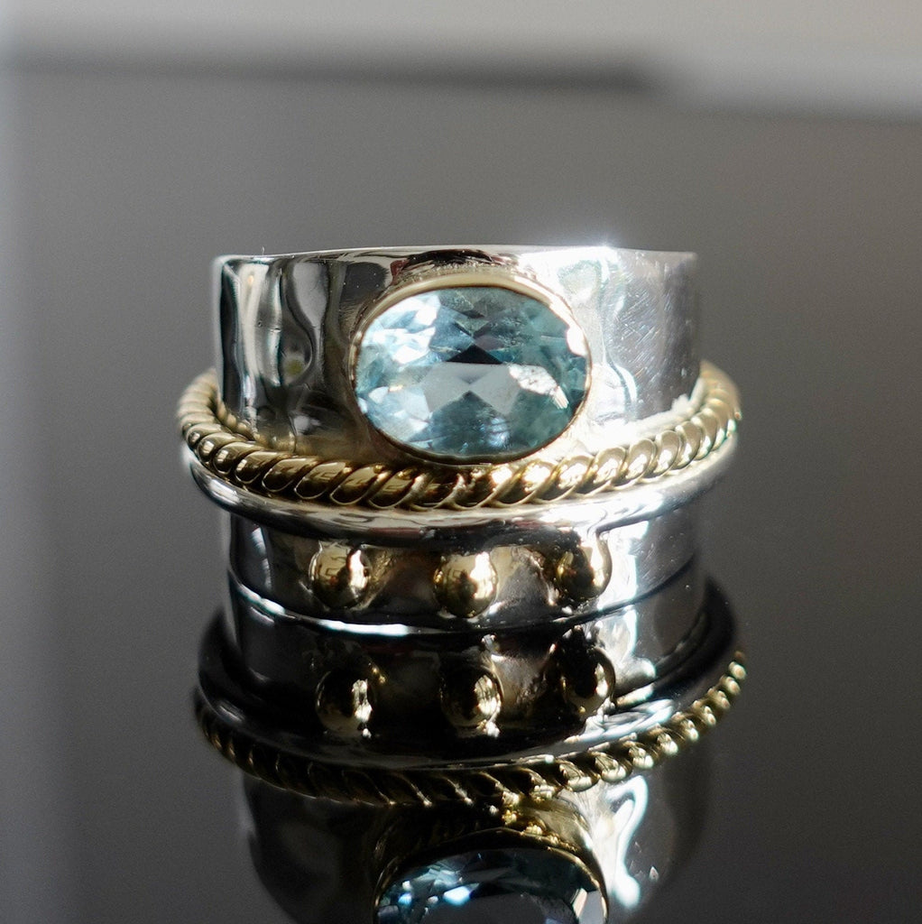 Blue Topaz Wide 925 Silver Ring with Brass Detailing, R16BT