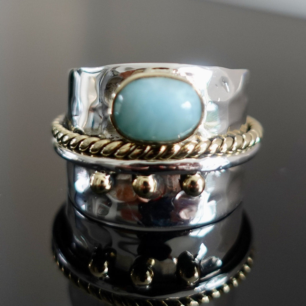 Larimar Wide 925 Silver Ring with Brass Detailing, R16L