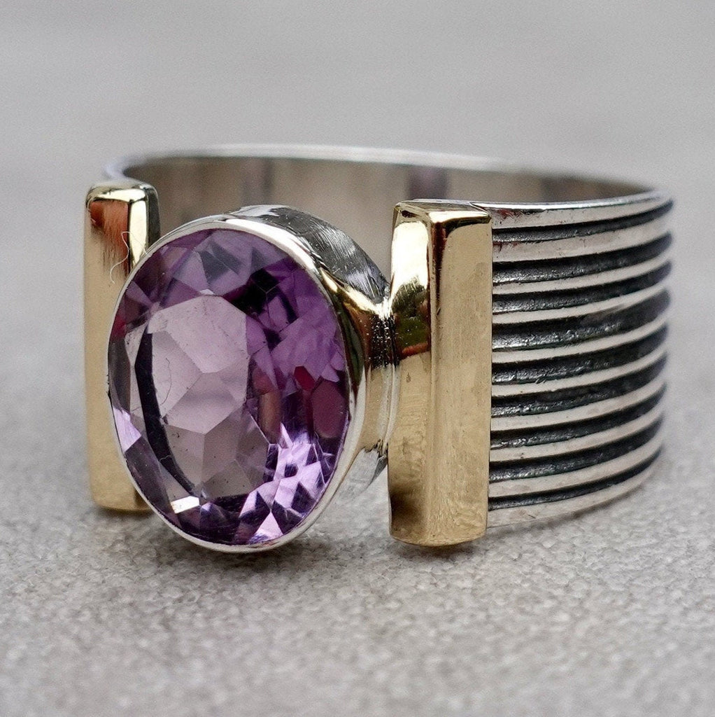 Designer Wide Facetted Amethyst Ring | Oxidised 925 Silver with Brass