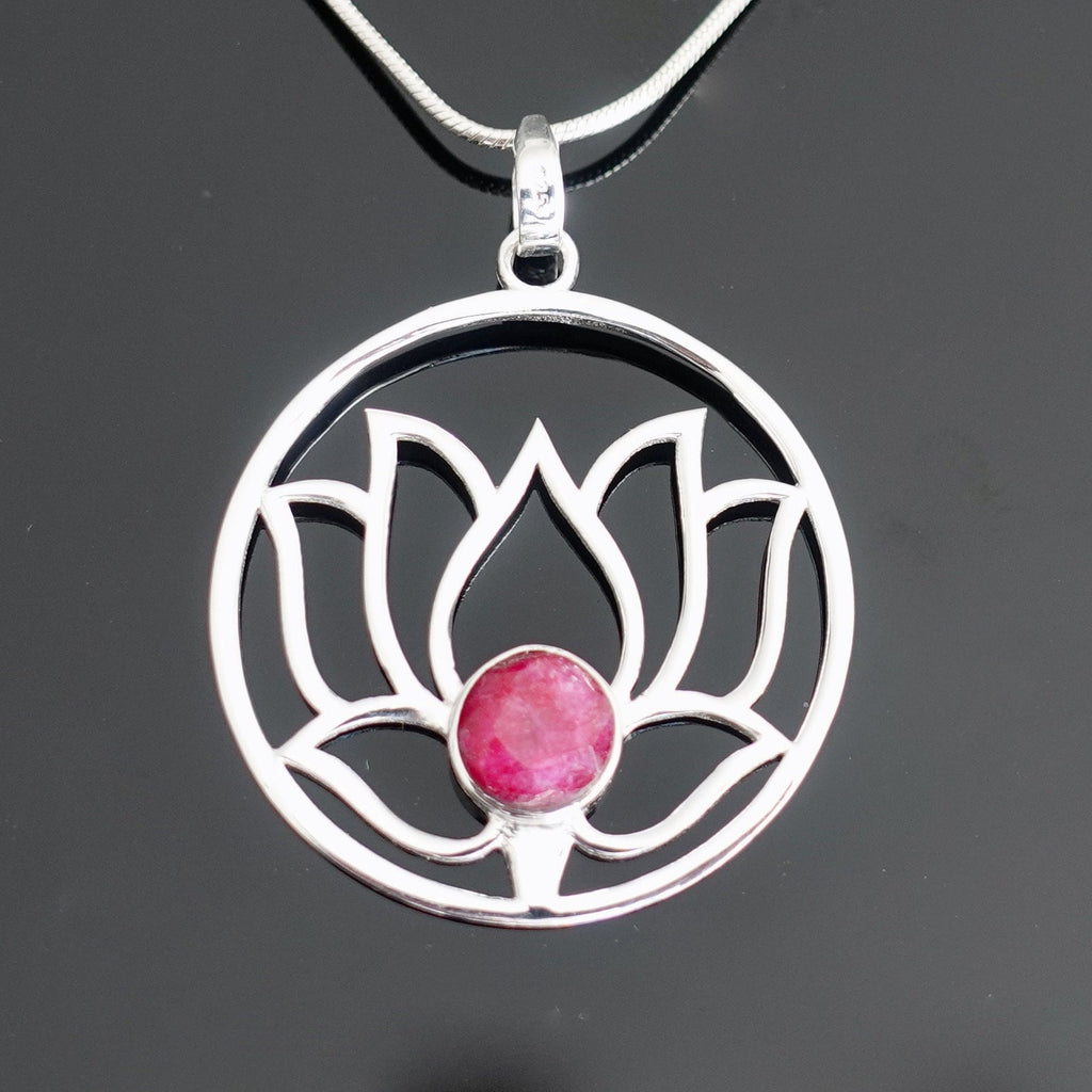 Large Ruby Lotus Flower Silver Pendant, P23R