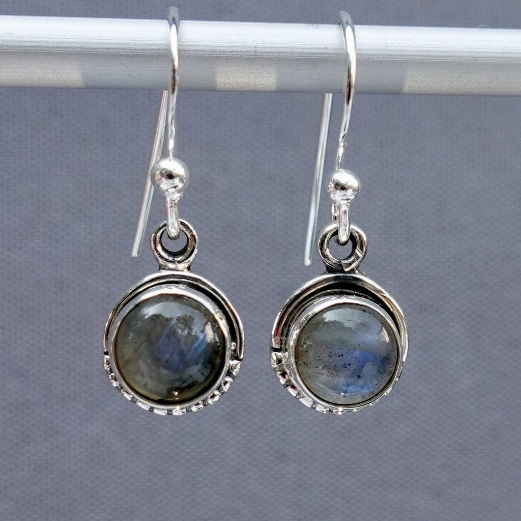Labradorite Dainty Round Boho 925 Silver Earrings, E86LAB