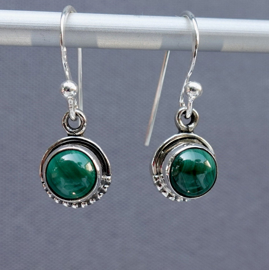 Boho Round 5mm /6mm Malachite 925 Silver Earrings, E86MAL