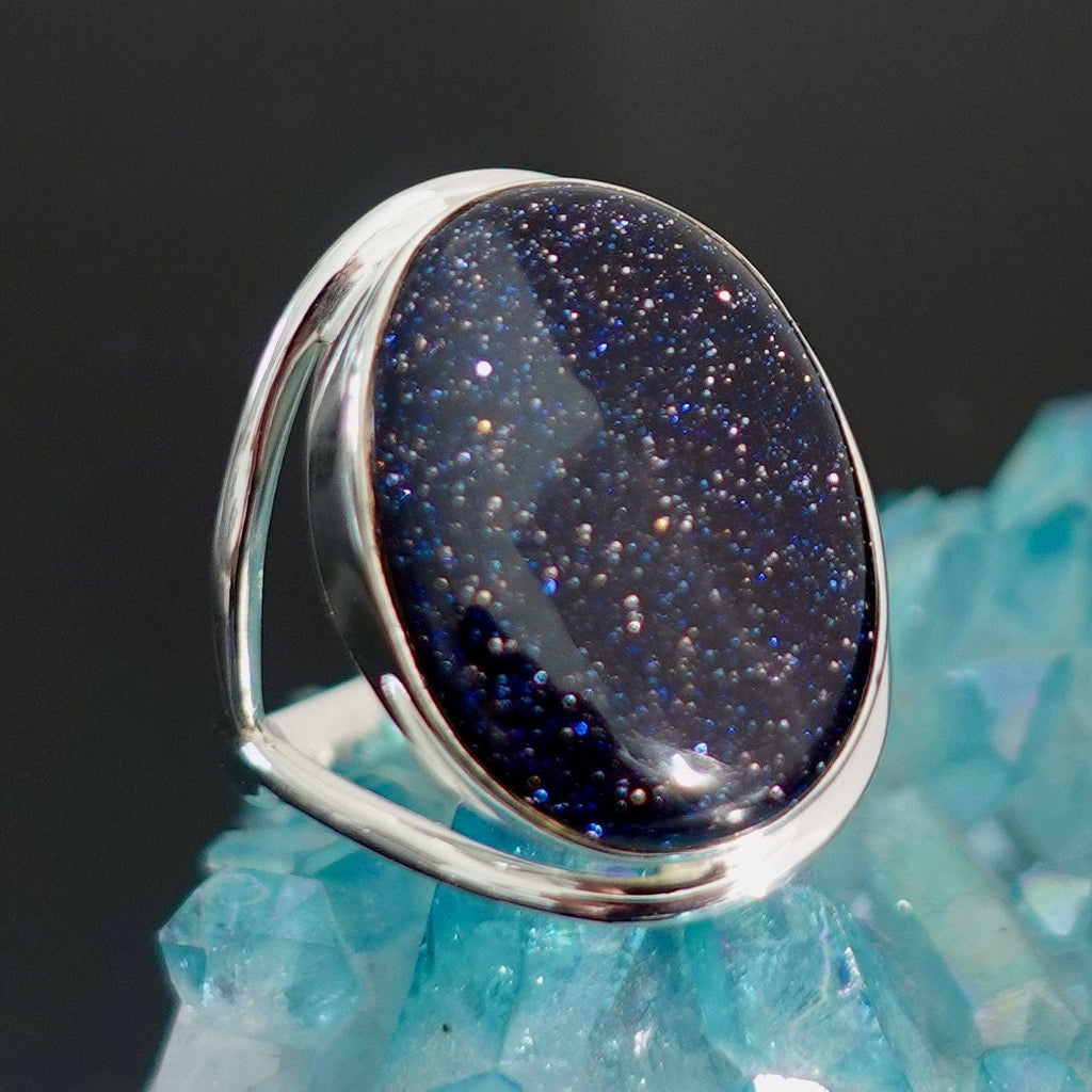 Large Oval Blue Goldstone Ring, 20mm x 15mm 925 Sterling Silver Ring, Sparkly Navy Gemstone, Modern Cocktail Ring, Mistry Gems, R80BSL