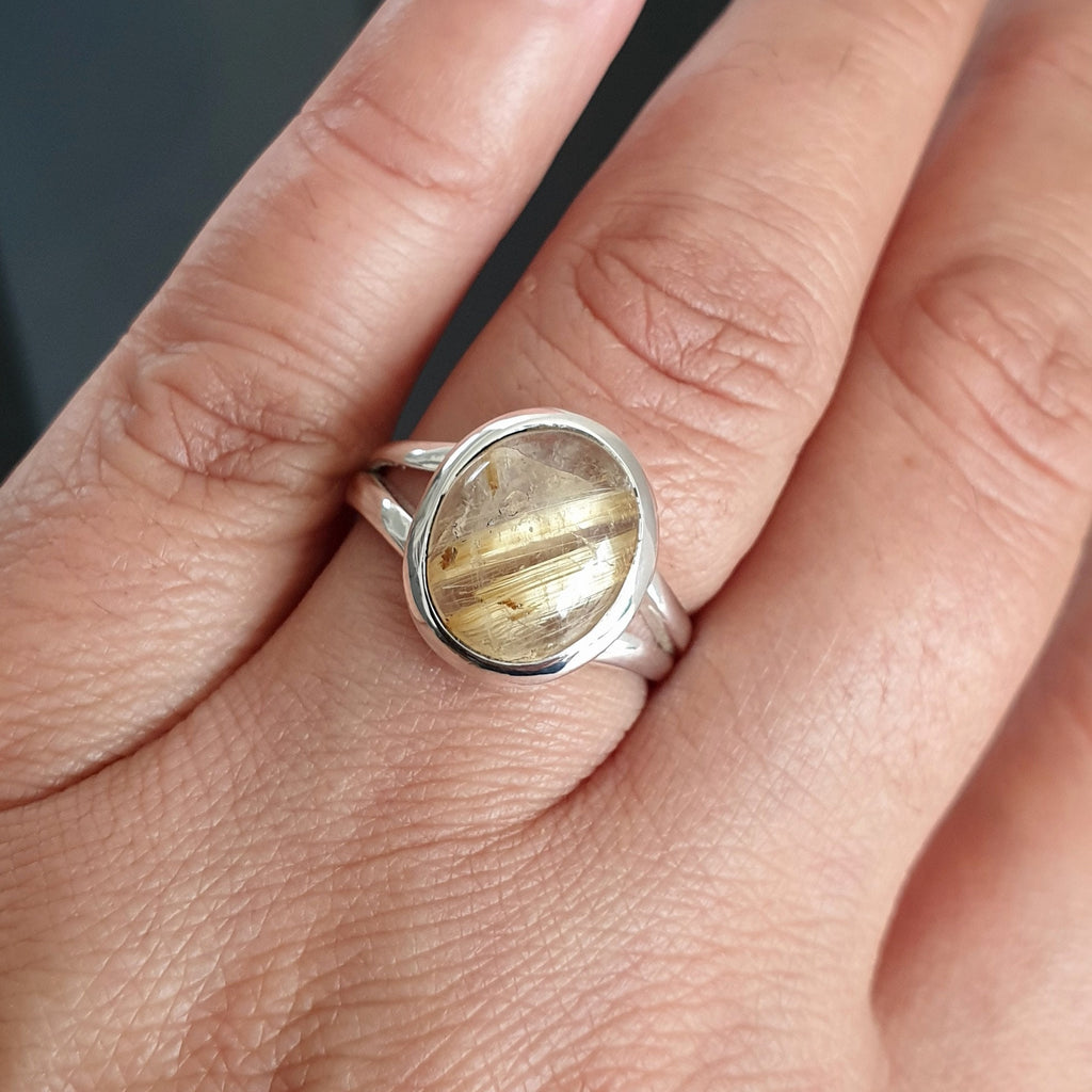Small Natural Golden Rutile Quartz Oval 925 Sterling Silver Ring, R203