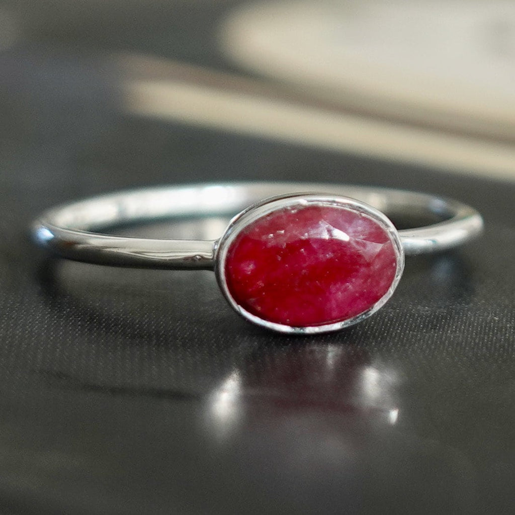 Dainty Ruby Ring, Facetted Horizontal Oval Stacking Ring, 925 Silver Ring, July Birthstone, 40th Anniversary, Red Gemstone,Mistry Gems,R151R