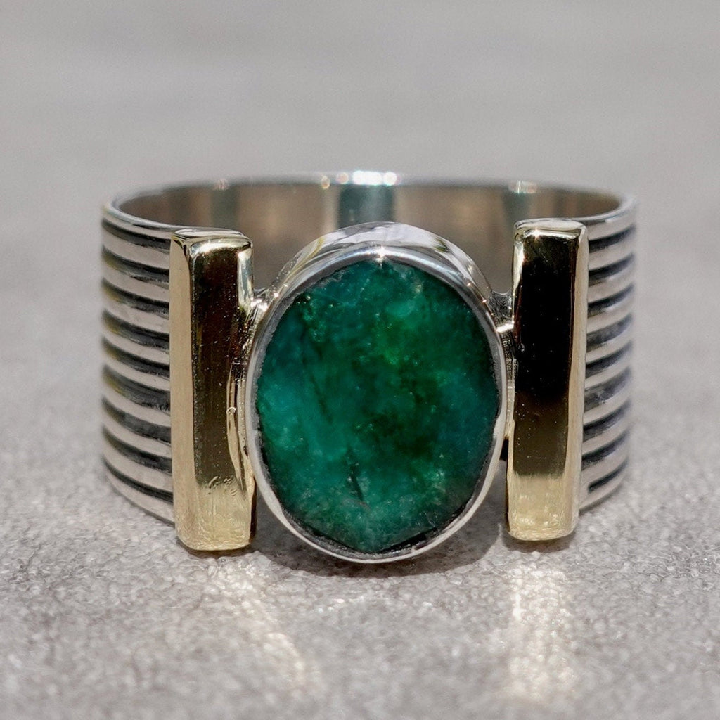 Designer Emerald Brass / Oxidised 925 Silver Ring, R186EM