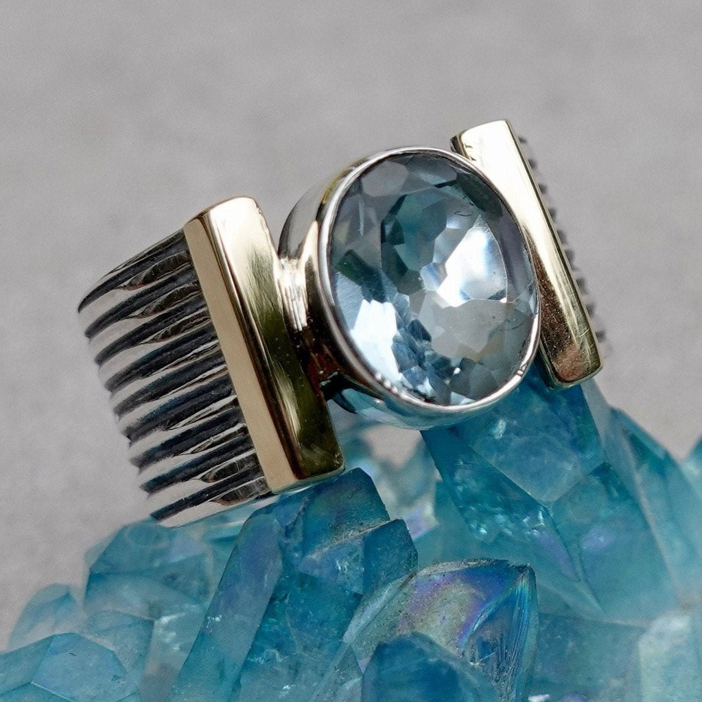 Designer Blue Topaz Brass / Oxidised 925 Silver Ring, R186BT
