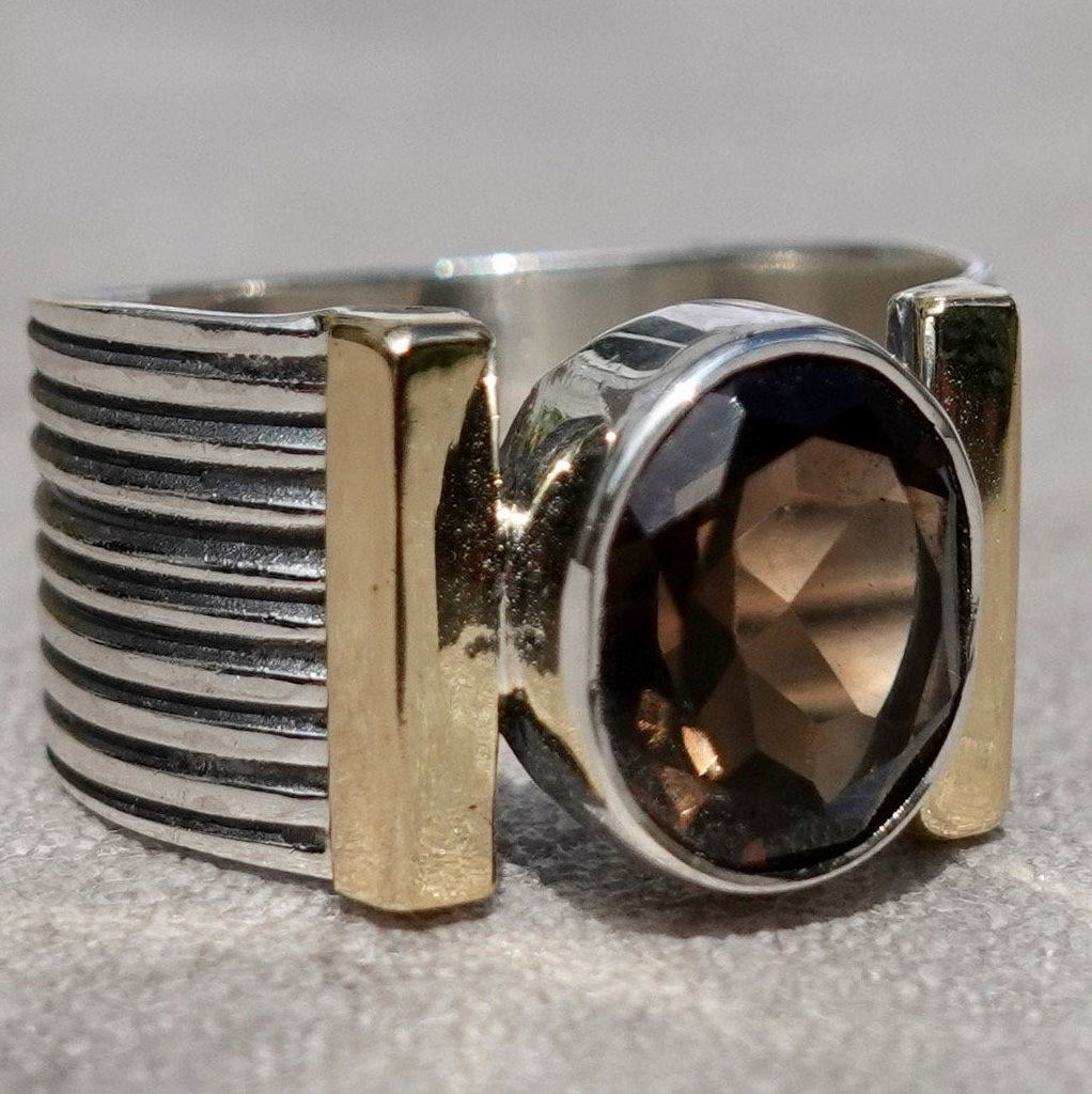 Designer Smoky Quartz Brass / Oxidised 925 Silver Ring, R186SQ