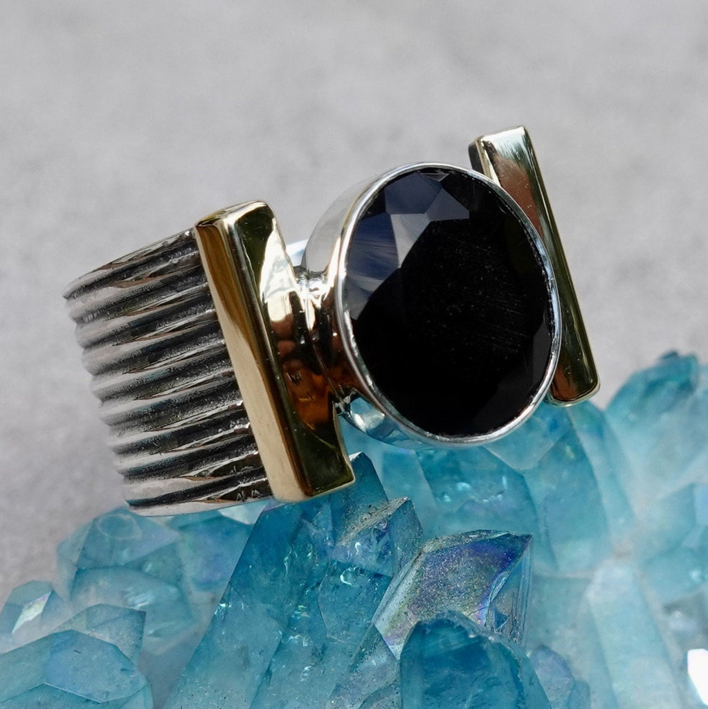Designer Black Onyx Brass / Oxidised 925 Silver Ring, R186O