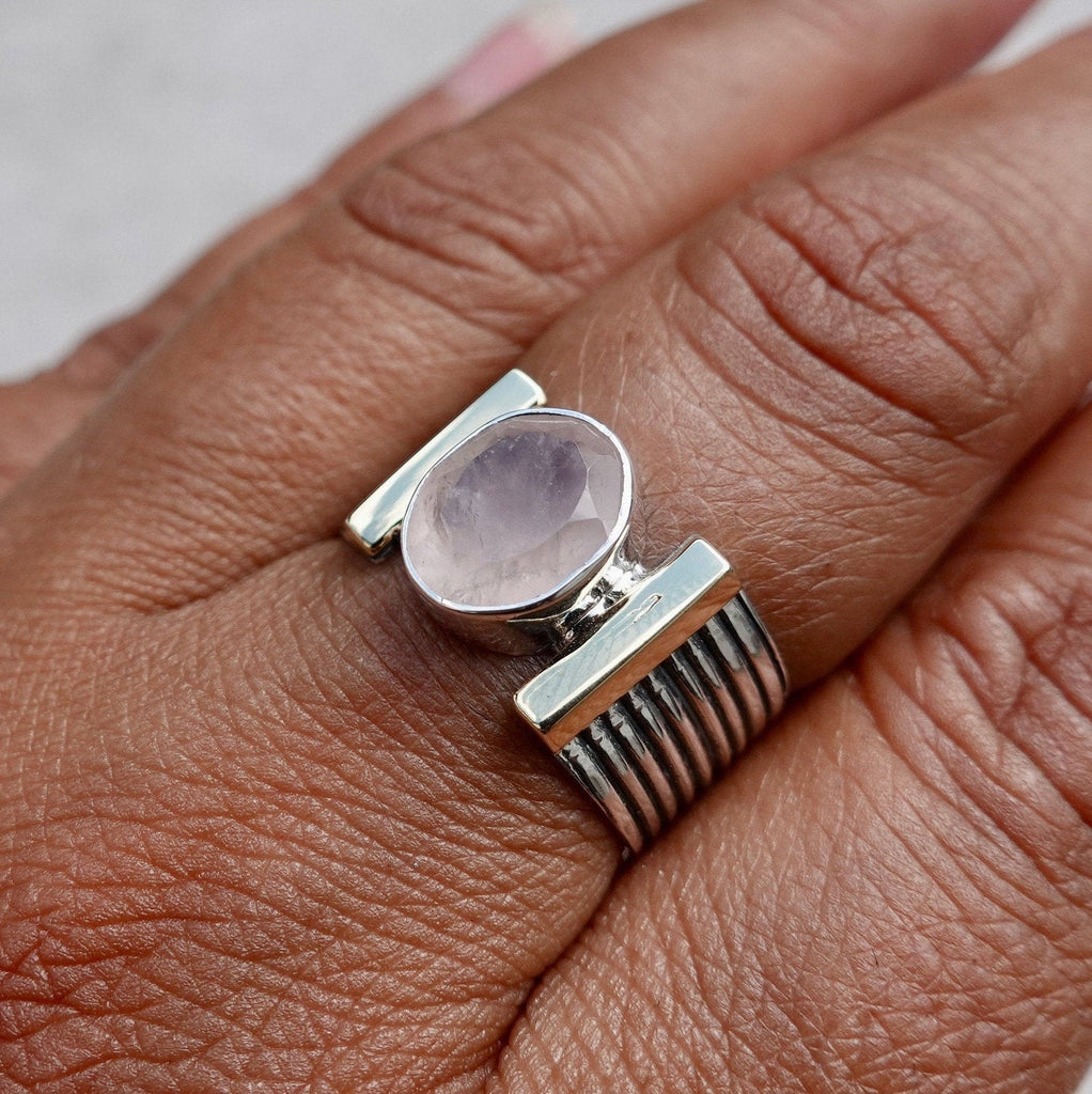 Designer Facetted Rose Quartz Brass / Oxidised 925 Silver Ring, R186RQ