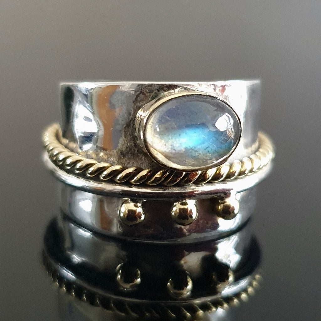 Labradorite Wide 925 Silver Ring with Brass Detailing, R16LAB