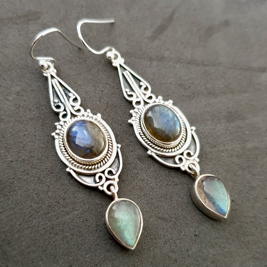 Labradorite Boho Long Oxidised 925 Sterling Silver Dangly Earrings, E38LAB