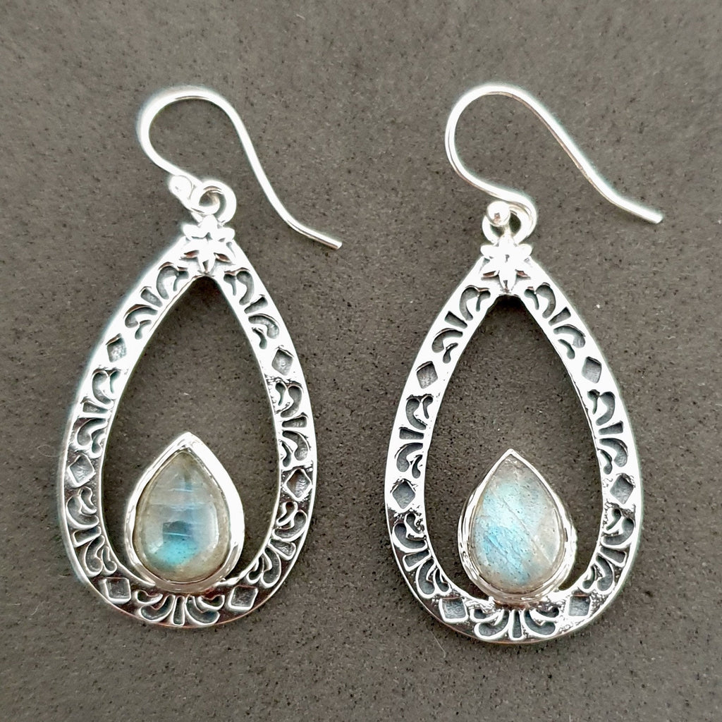 Labradorite Boho Long Teardrop Oxidised Silver Dangly Earrings, E19LAB