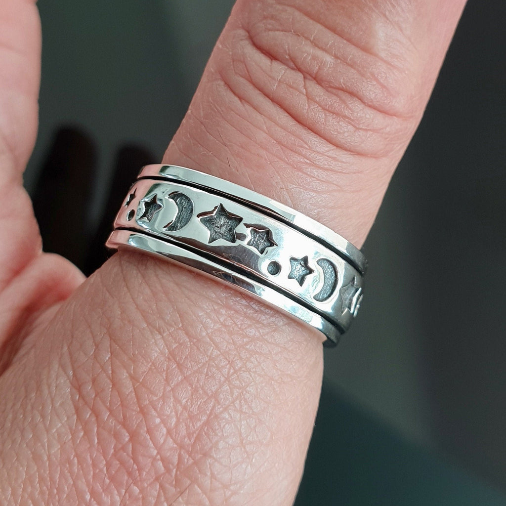 Star and Moon Sterling Silver Spinner Ring, Celestial Narrow Rotating Stress Relief Band for Men and Women, Mistry Gems, SP03