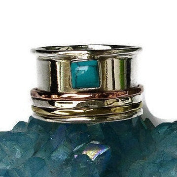 Turquoise Spinning Ring - Wide Multimetal Brass Silver Copper, SP57T
