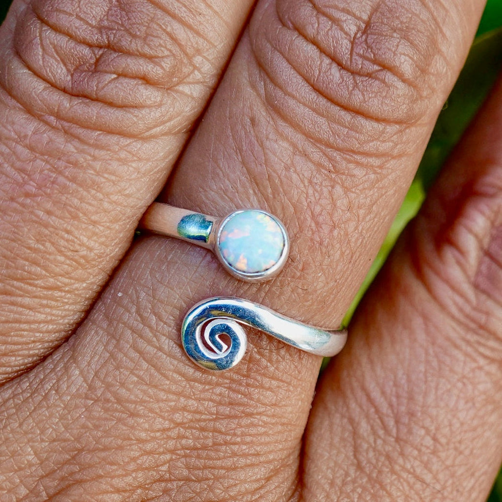 White Opal Adjustable Wrap Spiral 925 Silver Ring, R61WOP