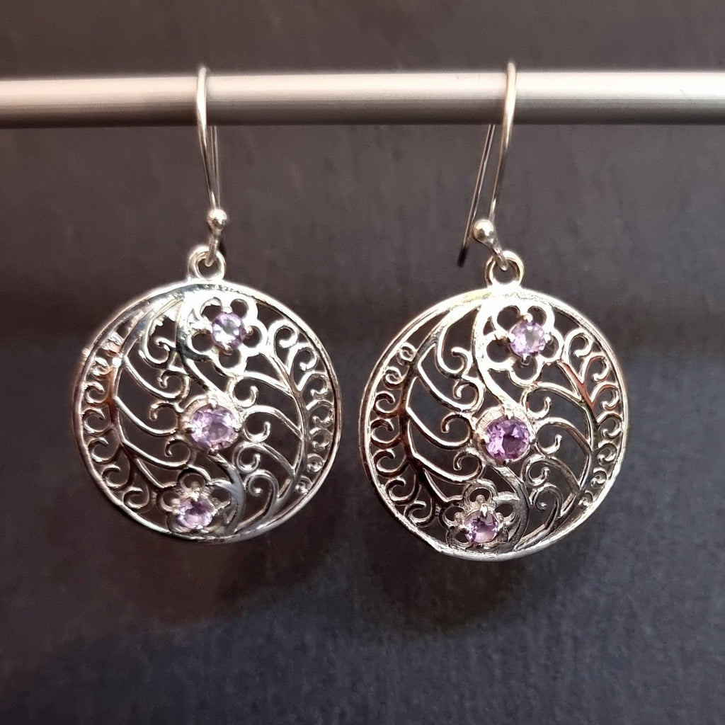 Amethyst Facetted Round Oxidised Fancy 925 Sterling Silver Earrings, E59A