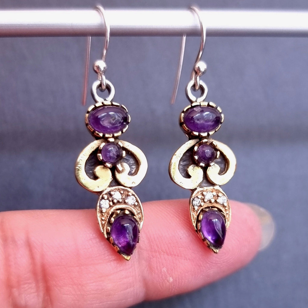 Amethyst CZ Facetted Brass 925 Sterling Silver Earrings, E73A
