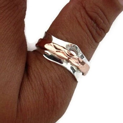 Wavy Narrow Spinner Ring Hammered Copper Silver, SP42C