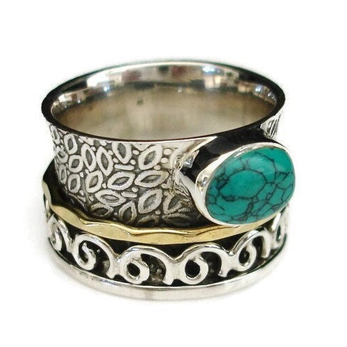 Turquoise Spinner Ring Brass Oxidised 925 Silver, SP71T