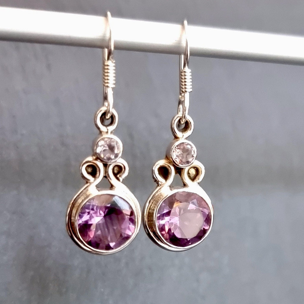 Amethyst Facetted Round Two Stone Silver Earrings, E47A